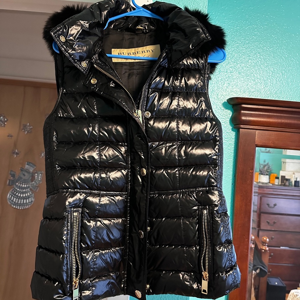 Burberry Shiny Black Puffer Vest with Fur Trim
